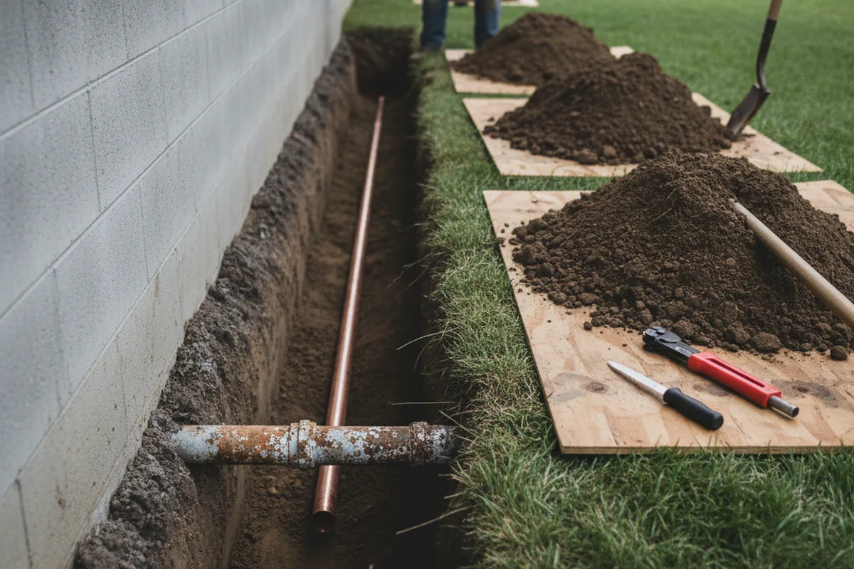 Excavated water line trench during Water Heater Repair in New Vernon